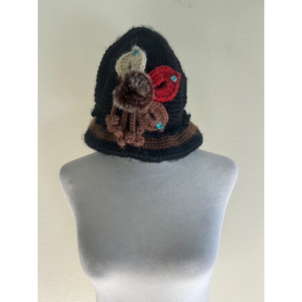 Handmade Boho Knit Beanie Feather Faux Fur Embellished Artisan Festival Winter